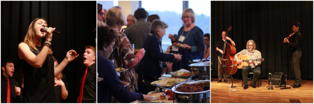 Collage of three images: the first is a woman singing, the second of a line of people getting food from a buffet, and the third is of three musicians playing an upright bass, a guitar, and a violin.