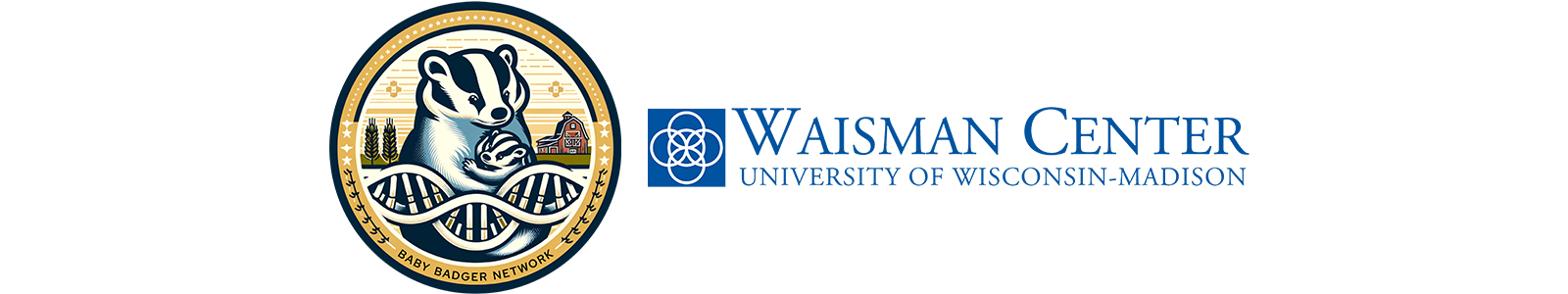 Baby Badger Network logo featuring cartoon parent and child badgers hugging with a field and a barn behind them, along with a strand of DNA across the front. Graphics are in a golden yellow circle. Next to the Baby Badger Network logo is the Waisman Center logo (4 connected circles) and the text "Waisman Center University of Wisconsin-Madison" below it all in blue text.