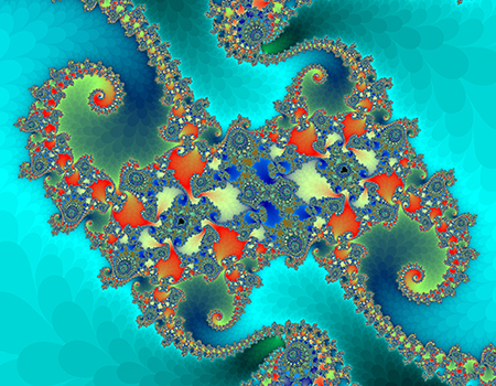 "Atomic Seahorses" by Matt Ward is a fractal graphic image generated by entering a mathematical equation into a program, and the program generates a visual model.