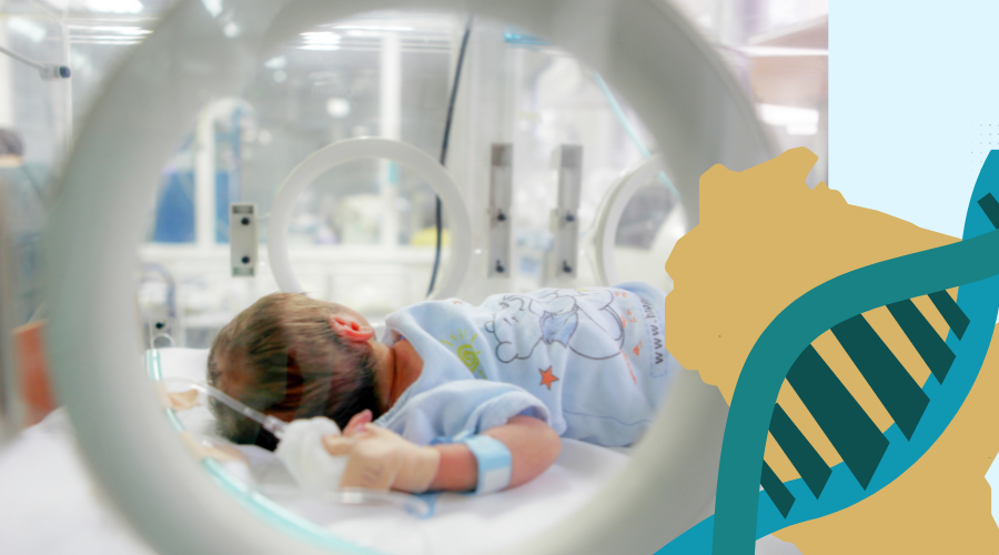 A photo of newborn baby laying in the incubator at a NICU unit. Overlayed is a map of Wisconsin with a DNA strand going across it.