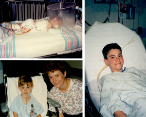 three photos depicting Andrew Higgins after his three congenital heart surgeries. The first shows him as a two day old baby, laying on his tummy on a hospital bed with bandage around his chest. The second photo shows two year old Andrew sitting on a wheelchair next to his mother with a scar on his chest. Third photo shows 12 year old Andrew sitting upright on the hospital bed, smiling at the camera.