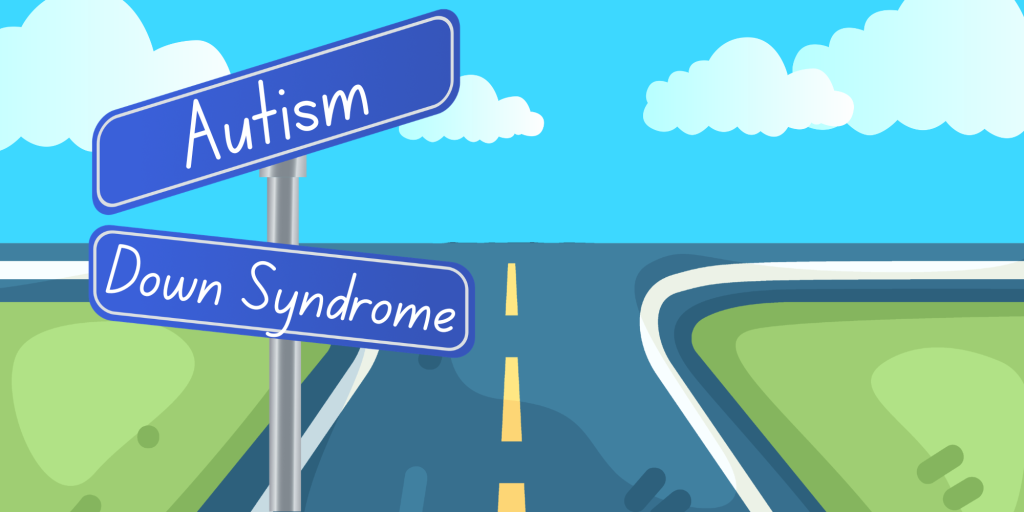 A sign post with two signs on it. One says autism and the other says Down syndrome. There is a road in the background