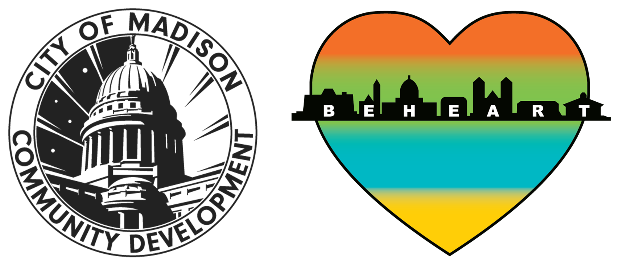 "City of Madison Community Development" in writing in a circle around a drawing of the Madison capital building. & Rainbow heart with silhouette of Madison skyline and "Be Heart" written on it.
