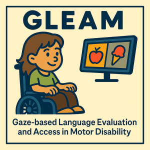 Image of a cartoon girl sitting in a wheel chair looking at a computer screen with pictures of an apple and an ice cream cone on it. Black text on the image says GLEAM - Gaze-based Language Evaluation and Access in Motor Disability