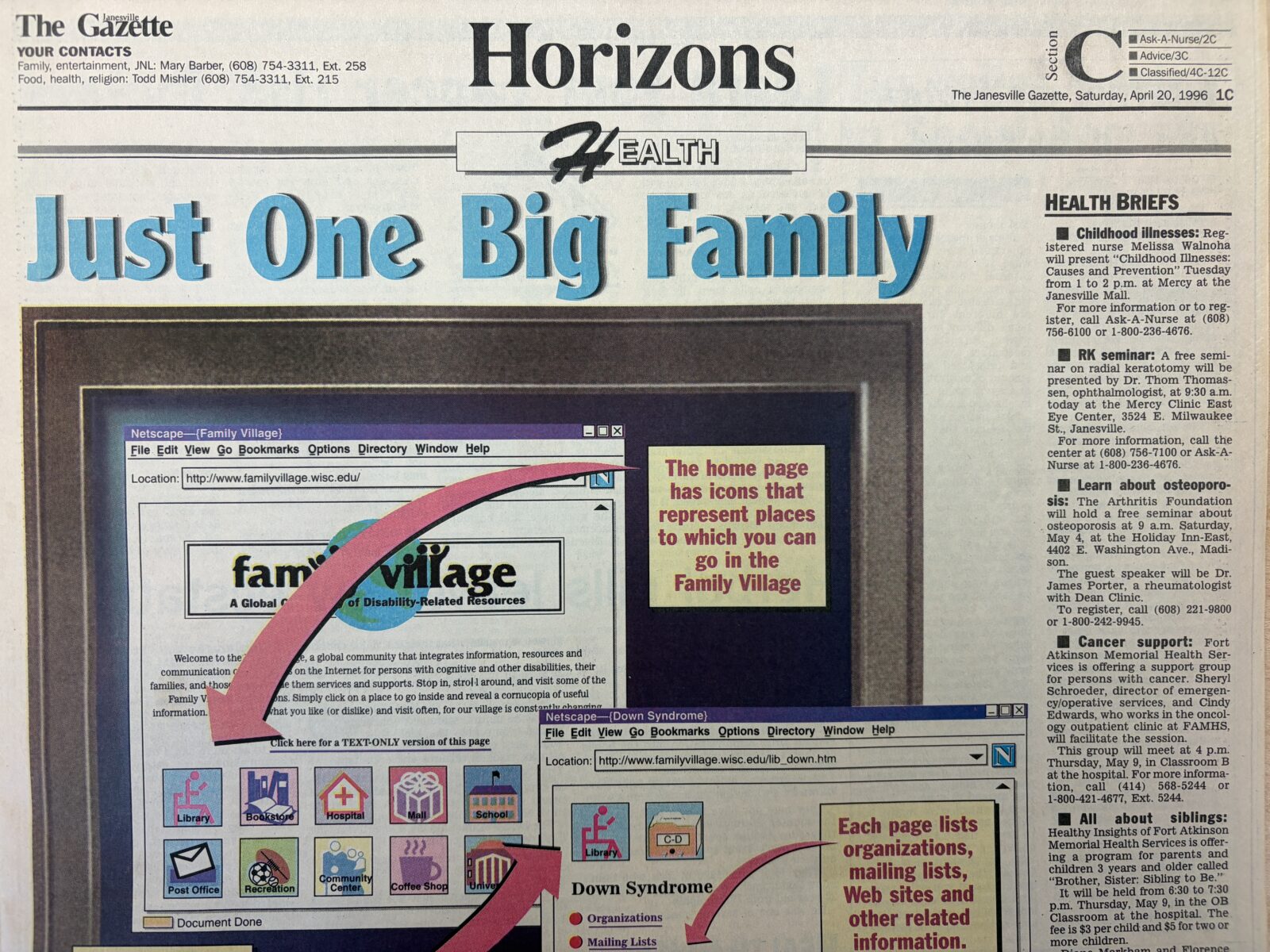 Newspaper clipping of an article featuring Family Village's website